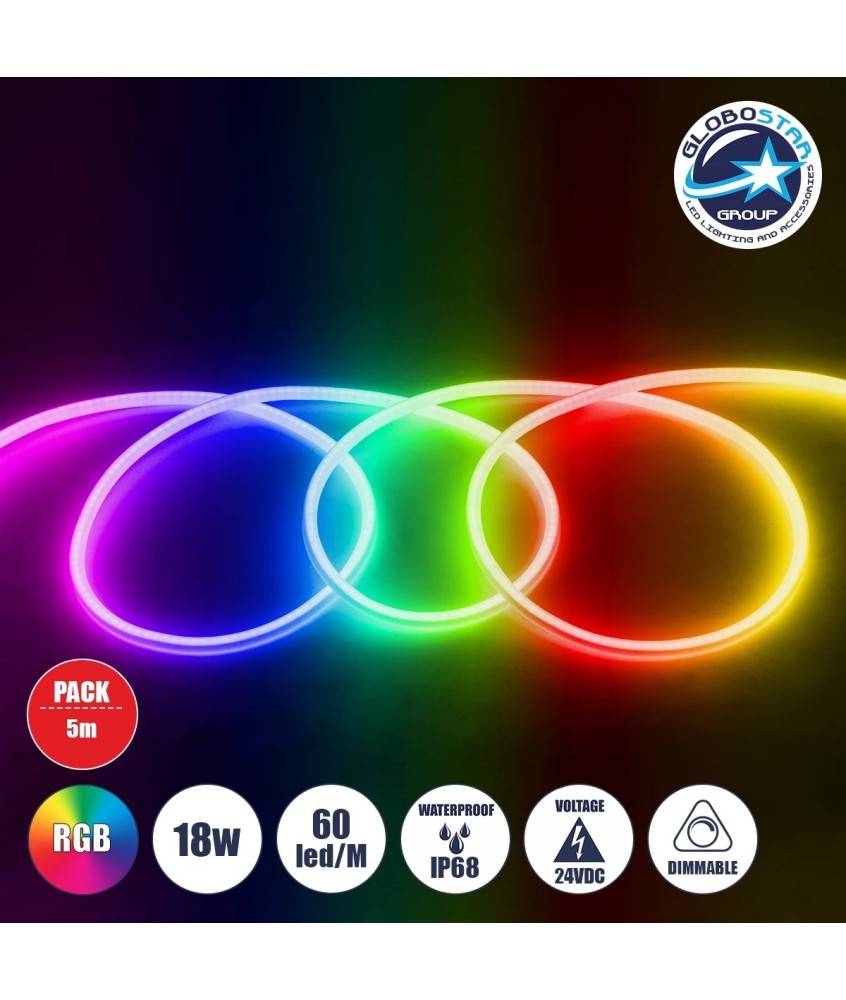 GLOBOSTAR® NEOTUBE 70588 Ταινία Neon Flex LED 18W-m 900lm-m 360° DC 24V Αδιάβροχο IP65 60 x SMD5050 Chip-m Πολύχρωμο RGB Dimmable - Sanan SMD Chip - Μ500 x Π2.1 x Υ2.1cm - Ρολό 5 Μέτρων - 3 Χρόνια Εγγύηση